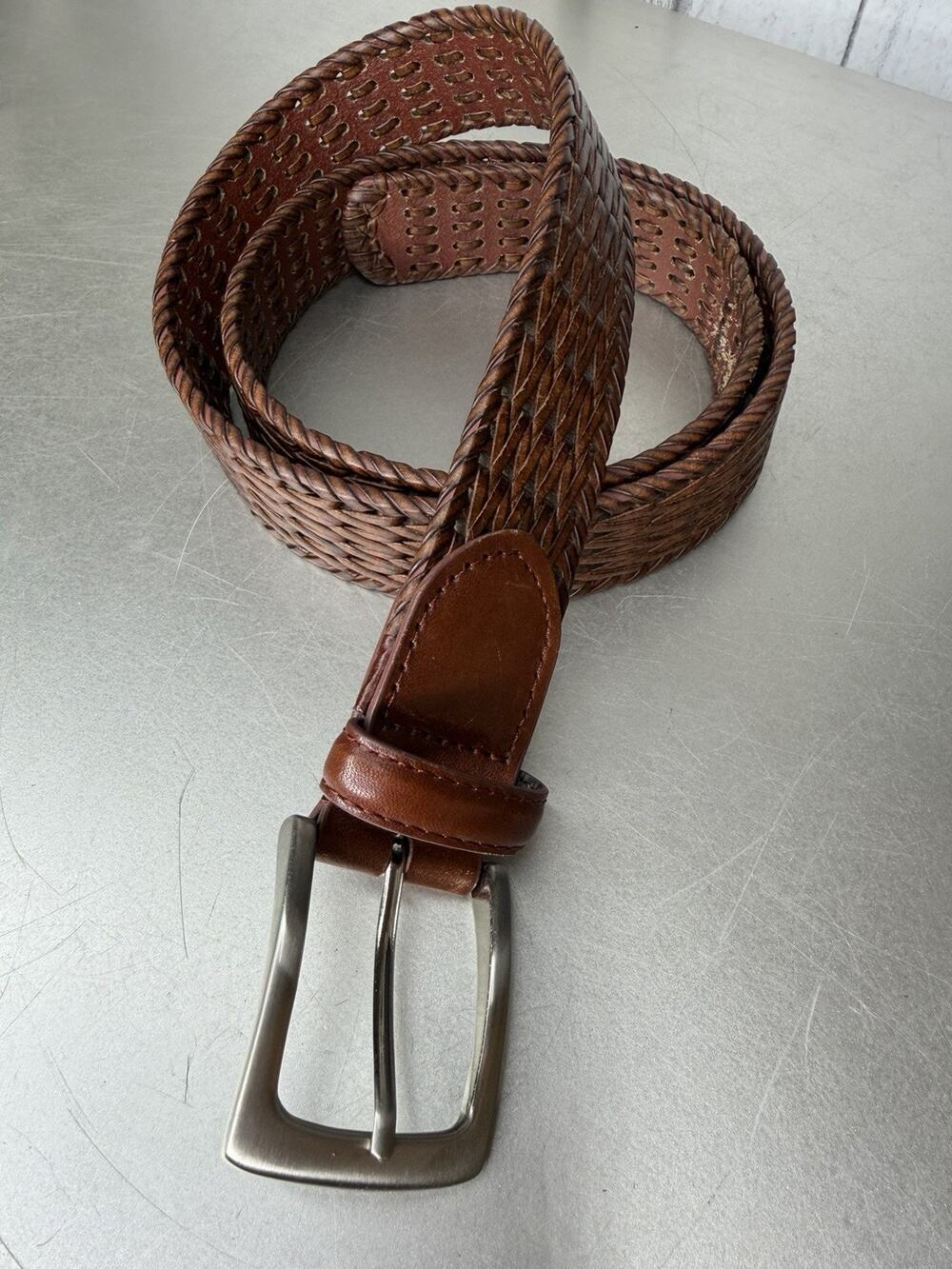 Brown Braided Woven Leather Belt Silver Tone Hardware Western Classes Size 38